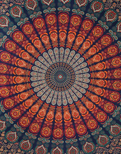 Mandala Wandbehang Indisch Baumwolle Tapestry Orange Boho Deko Wandteppich Wall Hanging Hippie Floral Von Rajrang - 2