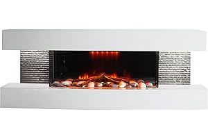 AuraHome ® White 48 inch Wide 2000w Electric Feature Fireplace Concave Suite with LED 3D Flame Log & Pebble Fuel Bed, Decorative Sides, Flame Brightness Adjustment A Stunning piece