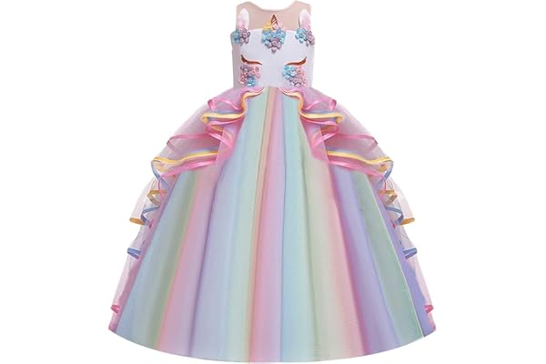 MYRISAM Princesse Fille Licorne Déguisement Robe de Anniversaire Cérémonie Soirée Halloween Carnaval Noël Fête Spectacle Mariage Longue en Tulle Robes Bal