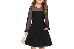 Haloumoning Kleider Mädchen Festliches Prinzessin Kleid Kinder Kontrast Mesh Langarm Puff Sommerkleider Elegant A-Linie Rundhals Partykleid mit Taschen für 6-14 Jahre
