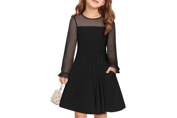Haloumoning Klänningar, flickor, festlig prinsessklänning, barn, kontrast, mesh, långärmad, puff, sommarklänningar, elegant, A-linje rund hals, festklänning med fickor för 6–14 år