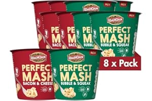 GOOD FOOD COMPANY Idahoan Instant Mash Potato Pots Bundle Pack of 8 x 55g - Bubble and Squeek Bacon and Cheese Potato Pots Ready to Eat Mashed Potato