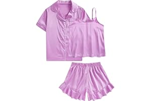 Belovecol Girls Satin Pajamas Set 3Pj Silk Nightwear Button-Down Nightwear Children Sleepwear for Kid Teens 6-13 Years