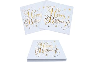 SPOKKI Happy Birthday Servietten, 60 Stück Servietten Geburtstag, Papierservietten Papier Napkins 33x33cm,für Mann Frau Mädchen Geburtstag Party Deko (Weiß+Gold)