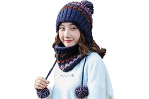 MAKFORT Bobble Hat and Loop Scarf Set for Women Girls Warm Knitted Pom Hat Interior Thick Fluff Winter Warm Ladies Bobble Hat Loop Scarf Set