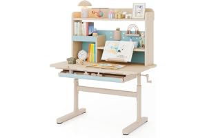 COSTWAY Skrivbord, barnskrivbord, 52–74 cm, höjdjusterbart med lutbar bordsskiva, barnbord med hylla, låda och bokställ, skolskrivbord för barn från 3 år