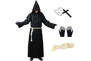 FORMIZON Costume de Moine d'Halloween, Robe de Prêtre Adulte Déguisement de Prêtre Costume de Sorcier, Costume Moine Medieval avec Collier de Croix, Ceinture, Gants, Deguisement Moine Adulte (XL)