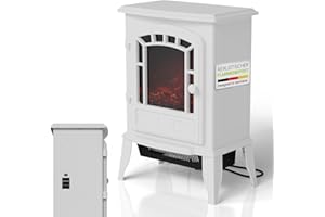 Juskys Camino elettrico 2000 W – Bianco, caminetto autoportante con effetto fiamma, 2 livelli di calore, termostato e spegnimento di sicurezza per il soggiorno