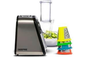 Geepas 200W 4 in 1 Electric Salad Maker | Electric, Multi Grater, Fruit Cutter, Vegetable Slicer, Shredder | Food Processor, Cylinder Design with 4 Cone Blades Set – 2 Year Warranty