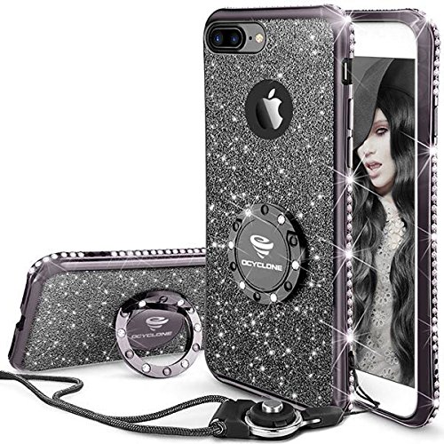 OCYCLONE Fundas iPhone 8 Plus/7 Plus con Anillo Movil,Purpurina Dimantes Ultra Slim Soft TPU Fundas Movil Protector iPhone 7 Plus/8 Plus para Mujer,Negro