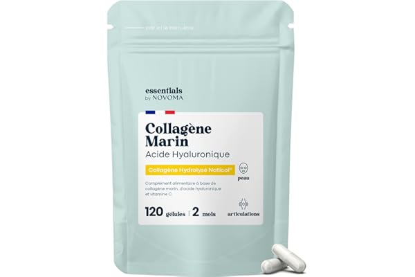 Collagène Marin + Acide Hyaluronique, Peau Hydratée et Articulations Fortes, Cure de 2 mois, 120 Gélules, Collagene Hydrolysé Type 1 Naticol®, Avec Vitamine C, Fabriqué en France, by Novoma