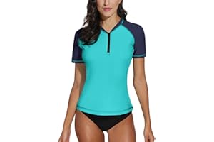 BesserBay Damen Kurzarm Badeanzug 1/4 Zip Rash Guard Schnelltrocknend Bademode UV-Schutz Surf Shirt S-XXL