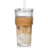 KELVEE Reusable Ribbed Glass Tumbler with Lid & Straw Pack of 1, 600ml Multipurpose Drinking Glasses Aesthetic iced Coffee Si