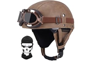 CNNGU Retro Moto Casco Mezzo, Vintage Motorcycle Casco, Certificazione DOT/ECE, Occhiali Da Sole Incorporati, Con Passamontagna Maschera, Materiale ABS, Fodera Traspirante, Con Occhiali