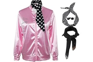 helymore Damen-Kostüm im 50er-Jahre-Stil, sandrosa, Satinjacke mit Halstuch, T-Vogel, Danny, Halloween-Kostüm, Größe L