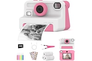AMZSA Macchina fotografica bambini istantanea,Regalo di Natale e Compleanno per giochi Bambina 4 5 6 7 8 9 10 11 12 Anni, Fotocamera Digitale Selfie 1080P con 3 Rotoli di Carta Termica e Scheda da 32GB
