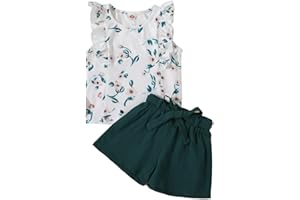 HEOXIN Completo Bambina Maglietta Senza Maniche con Volant e Stampa + Pantaloncini con Elastico in Vita + Cintura, Completo Estivo Bambina, Verde/Rosa, 2-7 Anni