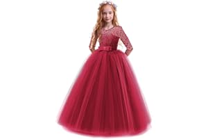 IWEMEK Enfants Fille Robe de Carnaval Princesse Longue en Dentelle avec Bowknot Demoiselle d'honneur Robe de Soirée Mariage Robe de Première Communion Anniversaire Fête Photographie 2-14 Ans