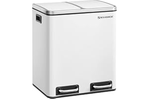 SONGMICS Cubo de Basura de Cocina, 2 x 15 L, Cubo con Cubeta Doble para Reciclaje y Residuos, con Pedal, Tapas de Cierre Suave, para Familias Pequeñas, Acero, Blanco Nube LTB30WT