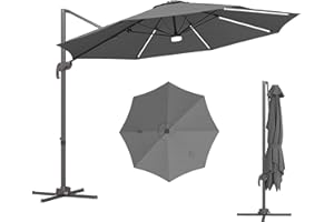 SOLD BY MHSTAR Outsunny 3 m Cantilever Roma Parasol Garden Sun Umbrella Outdoor Patio with 360 Degree Rotation Crank and Tilt Aluminium Frame LED Solar Light Cross Base