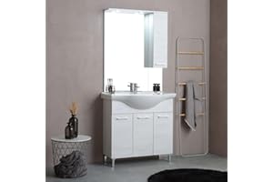 Kiamami Valentina - Mobile Bagno a Terra 85 cm | Lavabo in Ceramica | Specchio con Pensile e Faretti a LED | 3 Ante | Lavabo | Completo Moderno, Quercia Bianco, 85 CM, Legno