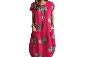 ZANZEA Women Summer Dresses Cotton Linen Dress Plus Size Short Sleeve Baggy Printed Casual Midi Dresses with Pockets