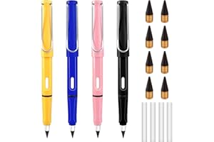 HEILOK 4 PCS Everlasting Pencil Inkless Pencils with 4 PCS Erasers and 8 PCS Replaceable Graphite Nib Unlimited Writing Pencil Environmental Woodless Pen For Students Writing Drawing