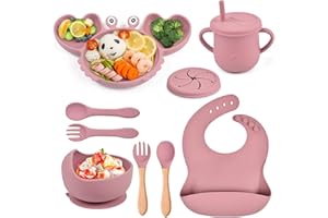 Ealingmoon Babyfütterungsset Silizium Baby geführte Entwöhnungsbedarf; Enthaltene Lätzchen, Saugnapf für geteilte Platte, Löffel Gabel, Sippy Cup mit Kleinkindern Baby geführte Entwöhnungsgeräte