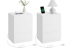 VASAGLE KAILYN Colección - Mesita de Noche con Estación de Carga, Juego de 2, Mesa Auxiliar con 3 Cajones, 2 Tomas AC, 2 Puertos USB, Salón, Dormitorio, Estudio, Blanco Nube LET831W14