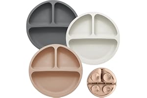Cubble Silicone Suction Divided Plates 3 Pack for Babies & Toddlers, 100% Food Grade Silicone Baby Plates, Non-Slip, Baby Led Weaning, Microwave & Dishwasher Safe (Dark Grey/Off White/Natural)