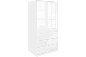 Blisswood High Gloss Wardrobes for Bedroom 2 Door 2 Drawer Wardrobe with Shelf Hanging Rail Cloth Storage Wooden Wardrobe with Drawer Large Cupboard Bedroom Furniture, White