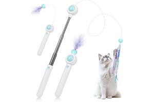 Gerbala Jouet à Plumes pour Chats, Jouet Chat interactif, 1 Rétractable Canne a Peche Jouet avec 2 Plumes Rechange, Exercice et Divertissement (Bleu)