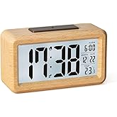 HERMIC Wooden Digital Alarm Clock, Battery Digital Alarm Clock with Large LCD Display, Backlight, Date, Temperature, Automati