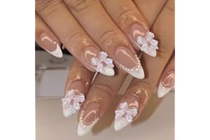 Goiern 24 sztuki Bow Press on Nails Akryl migdałowy sztuczne paznokcie ze wzorem perłowym, biała francuska końcówka, do wielokrotnego użytku, średnia długość