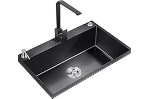 SYNSHOP Fregadero De Acero Inoxidable Fregaderos De Cocina Negros Fregadero De Una Cubeta Fregadero Bajo Encimera Incluidos Grifos Y Accesorios (Color : Nero, S : 80X50X20cm)