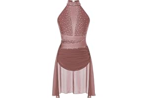 iiniim Womens Sparkle Rhinestone Mesh Ballet Leotard Dress Halter Neck Backless Lyrical Dance Costume