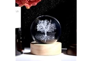 QINJIEJIE 3D Tree of Life Crystal Ball with Wooden Led Base Glass Lamp Atmosphere Lights Ornaments Bedroom Home Decor Crystal Tree Ball Themed Space Gifts for Women Men