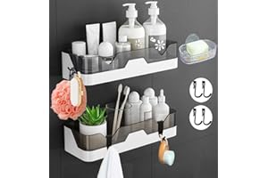 EigPluy 2 Piezas Estante de baño,Adhesivo Estanteria Ducha sin Taladros Almacenamiento Organizador, Montado en la Pared Baño Cesta por Baño/Cocina (con 1 Jaboneras y 4 Ganchos)