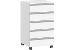 Hzuaneri Caisson de Bureau, Meuble de Bureau, Casier sur roulettes, avec 5 tiroirs sur roulettes, armoire à tiroirs aux bureaux, Télétravail, blanc FC55503X