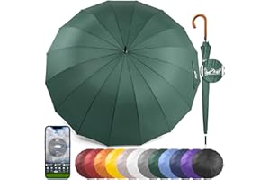 Royal Walk Parapluie Automatique pour Homme et Femme Résistant aux Vent, Solide, Anti Tempete, XXL Grand Taille, Parapluie Canne, De Golf, Pour 2 Personnes Poignée en Bois 16 Baleines 120cm Vert Foncé