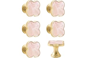 MOROBOR 6 PCS Four-Leaf Clover Handle, Creative Cabinet Drawer Pulls Multifunctional Single Hole Zinc Alloy Knobs for Dresser Wardrobe Door Furniture Accessories/Gold Base with Pink Surface
