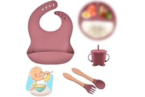 YushengTai Baby Geschirrset Baby Essen Set - Babyteller mit Saugnapf - Baby Löffel - Trinkbecher Baby - Lätzchen Baby, BPA Frei, geeignet für die unabhängige fütterung (Rosa)