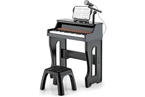 DREAMADE Piano Enfant à 37 Touches avec Tabouret, Clavier électronique pour 3+ Ans avec 22 Démos, 8 Sons & 8 Rythmes, Piano Jouet avec Microphone Réglable & Pupitre Amovible (Noir)