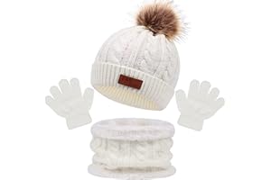 Enwokran 3-in-1 Children's Beanie Winter Hat Scarf Gloves Set, Thick Fleece Thermal Warm Knitted Hat Baby Hat Gloves Round Scarf Set for Children Boys Girls 2-6 Years