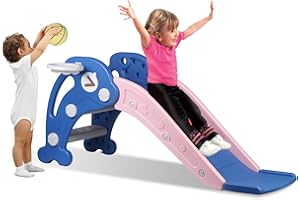 ‎SINBIDE Sinbide Rutsche, Kinder Fun-Slide mit Basketballkorb, Faltbar Kinderrutsche, Gartenrutsche Kleinkinderrutsche für ab 2 Jahren, Indoor & Outdoor Rutschbahn mit Rutschauslauf (blau)