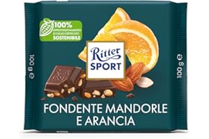 RITTER SPORT Fondente Mandorla Arancia, Tavoletta Cioccolato Fondente Con Granella di Mandorle e Cubetti di Scorze D'Arancia Candita, Cacao 100% Certificato Sostenibile, 100 g