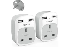 UK to India Plug Adapter 2 Pack, TESSAN Indian Travel Adapter with 2 USB Ports(1 USB C), Plug Socket Adaptor UK to Sri Lanka, Pakistan, Burma, Maldives, Iraq, Namibia, Nepal, Yemen, Zambia (Type D)
