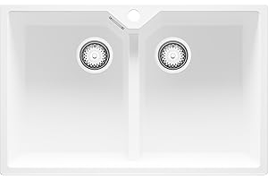 PRIMAGRAN Evier Cuisine en Granit Blanc 78x50cm, Lavabo 2 bacs + Kit de Vidage, Évier à Encastrer al mueble 80cm - Madrid Twin S002