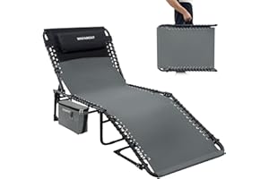 ‎WKFAMOUT WKFAMOUT Sun Lounger Camping Lounger Foldable 5 Levels Adjustable Backrest Outdoor Garden Lounger Beach Lounger Camping Bed Folding Bed with Removable Cool Bag Cushion 190 x 59 cm Grey