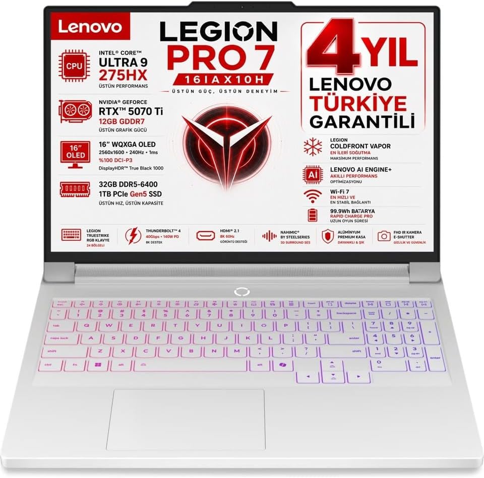 Lenovo Legion Pro 7 16IAX10H Intel Core Ultra 9 275HX 32GB 1TB SSD RTX 5070 Ti 12GB 16" WQXGA (2560x1600) OLED 240Hz 140W Freedos Taşınabilir Bilgisayar 83F500KFTR